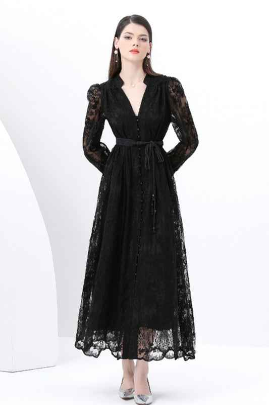 Women's V-Neck Lace Lantern Sleeve Mesh Maxi Dress