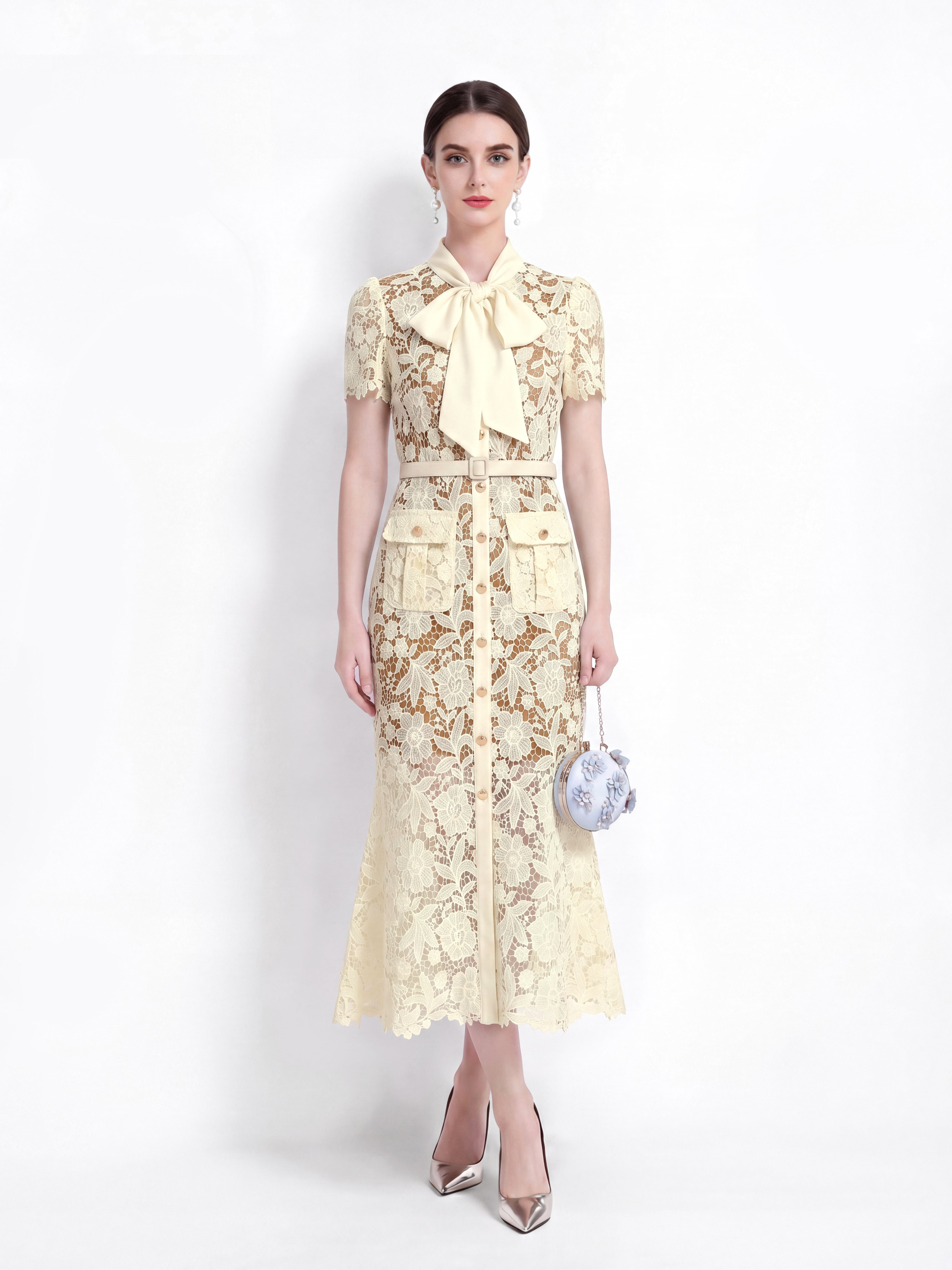 Butter Yellow Tie Neck Lace Button Up Midi Dress – LAI MENG FIVE CATS