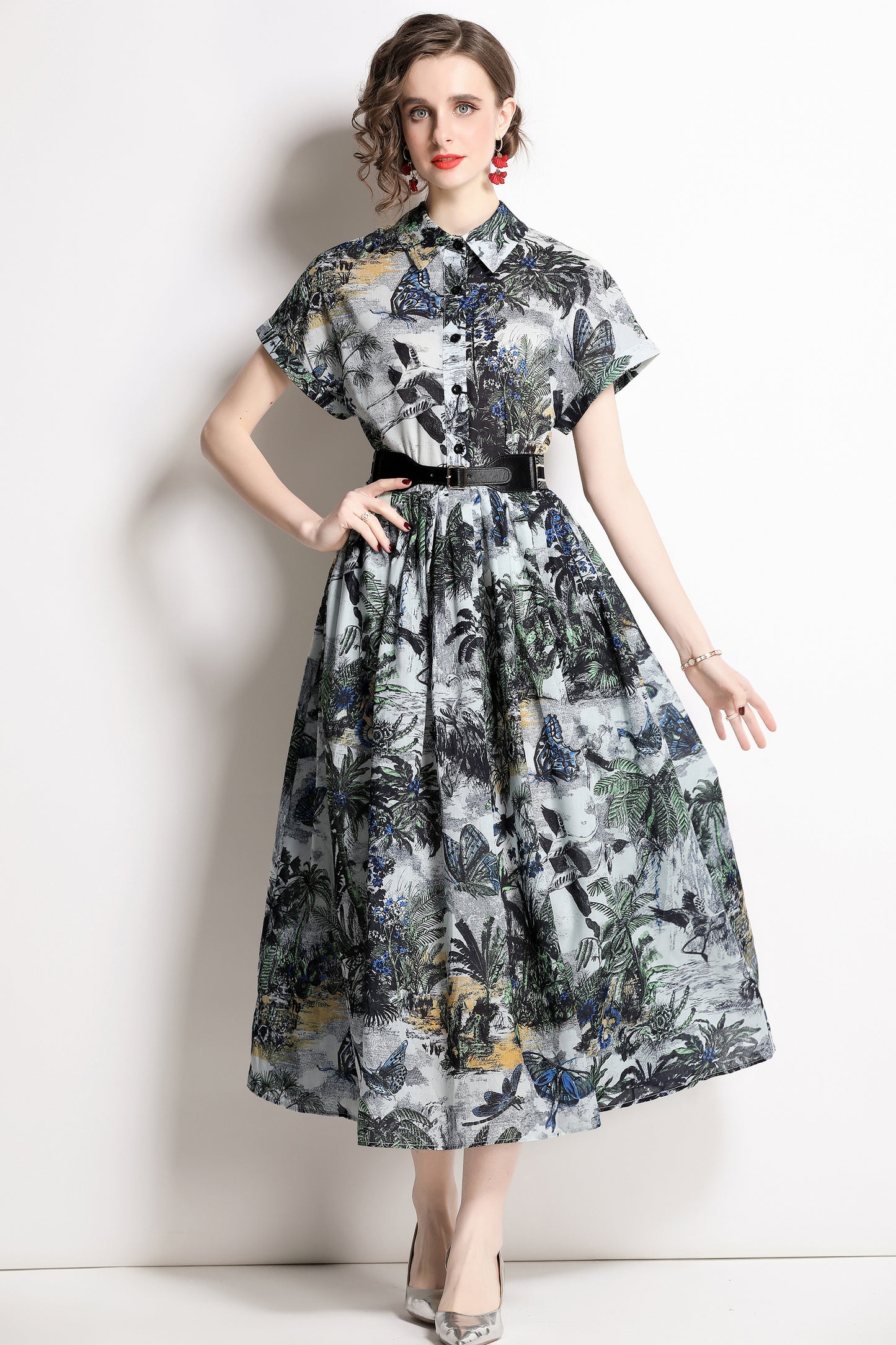 Women's Short Sleeves Collar Printed Midi Dress