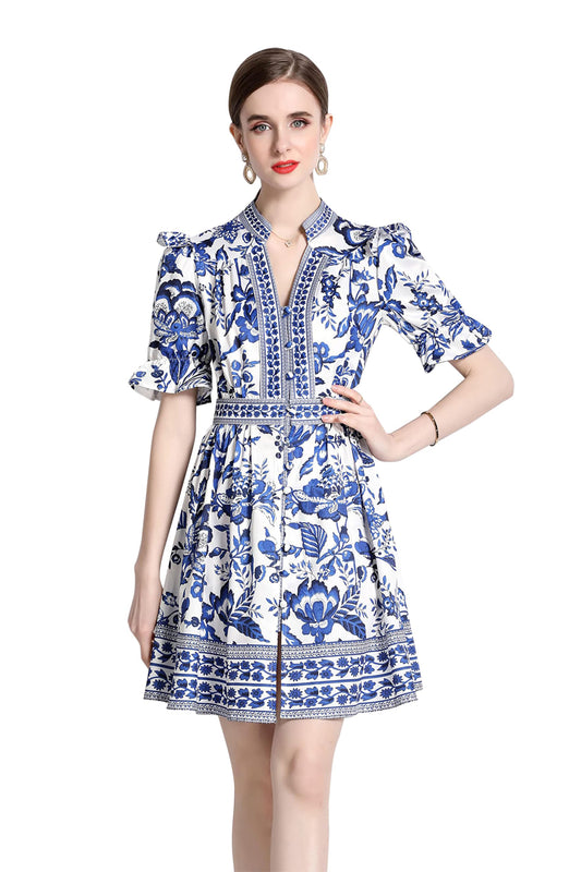 BK-Short Puff Sleeve Floral  Mini Dress - LAI MENG FIVE CATS