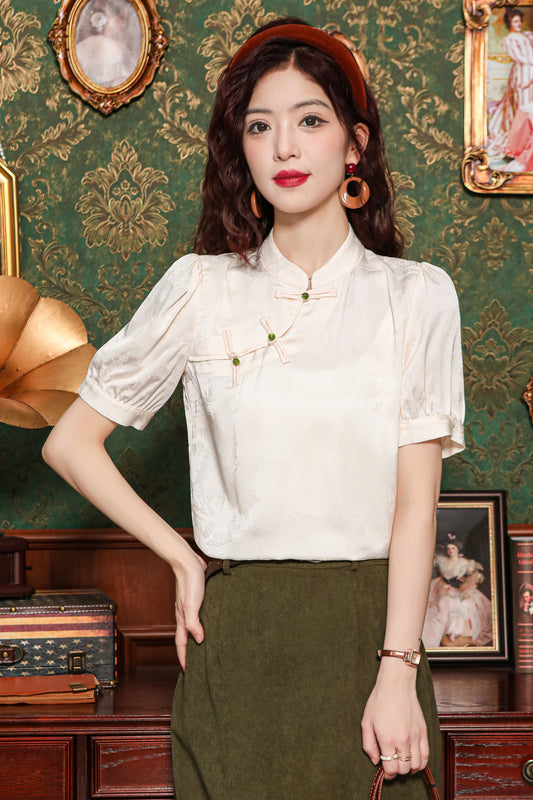 Women's Silk Satin Tops Button Jacquard Blouse