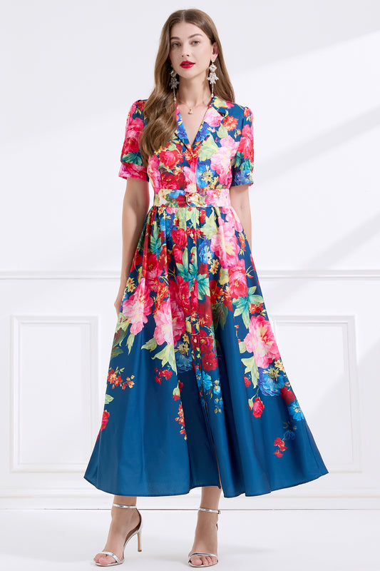 Women's V-Neck Floral Print Short Sleeve Maxi Dress