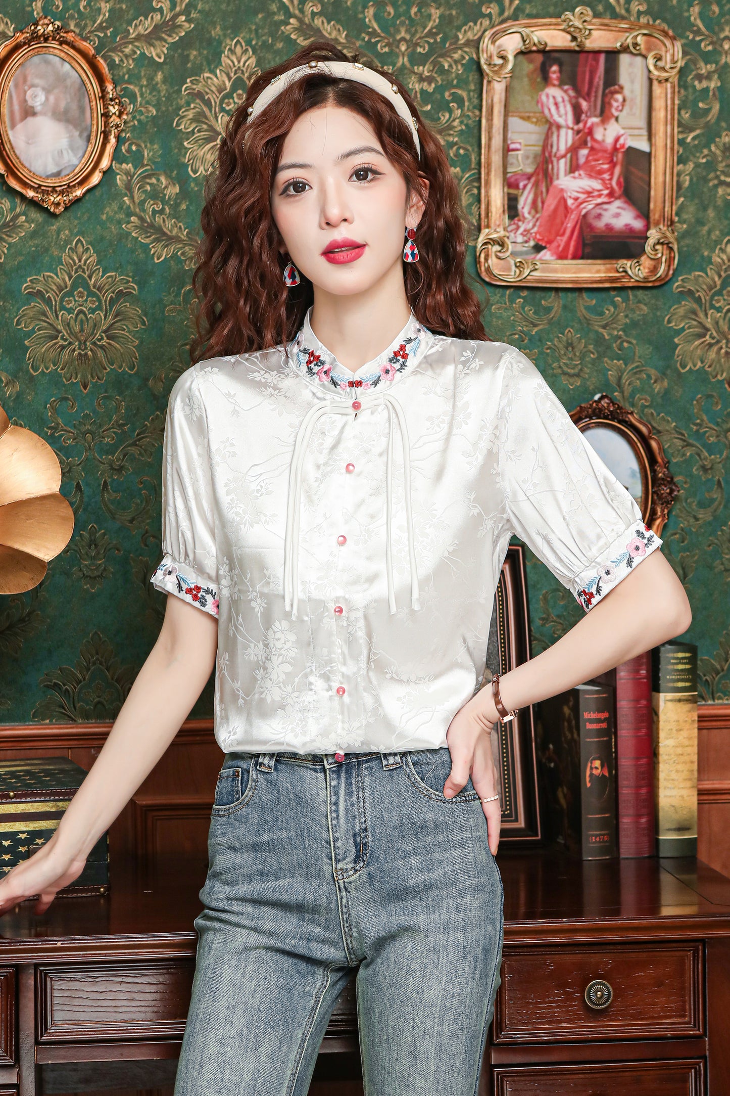 Women's Silk Satin Embroidery Jacquard Blouse Tops