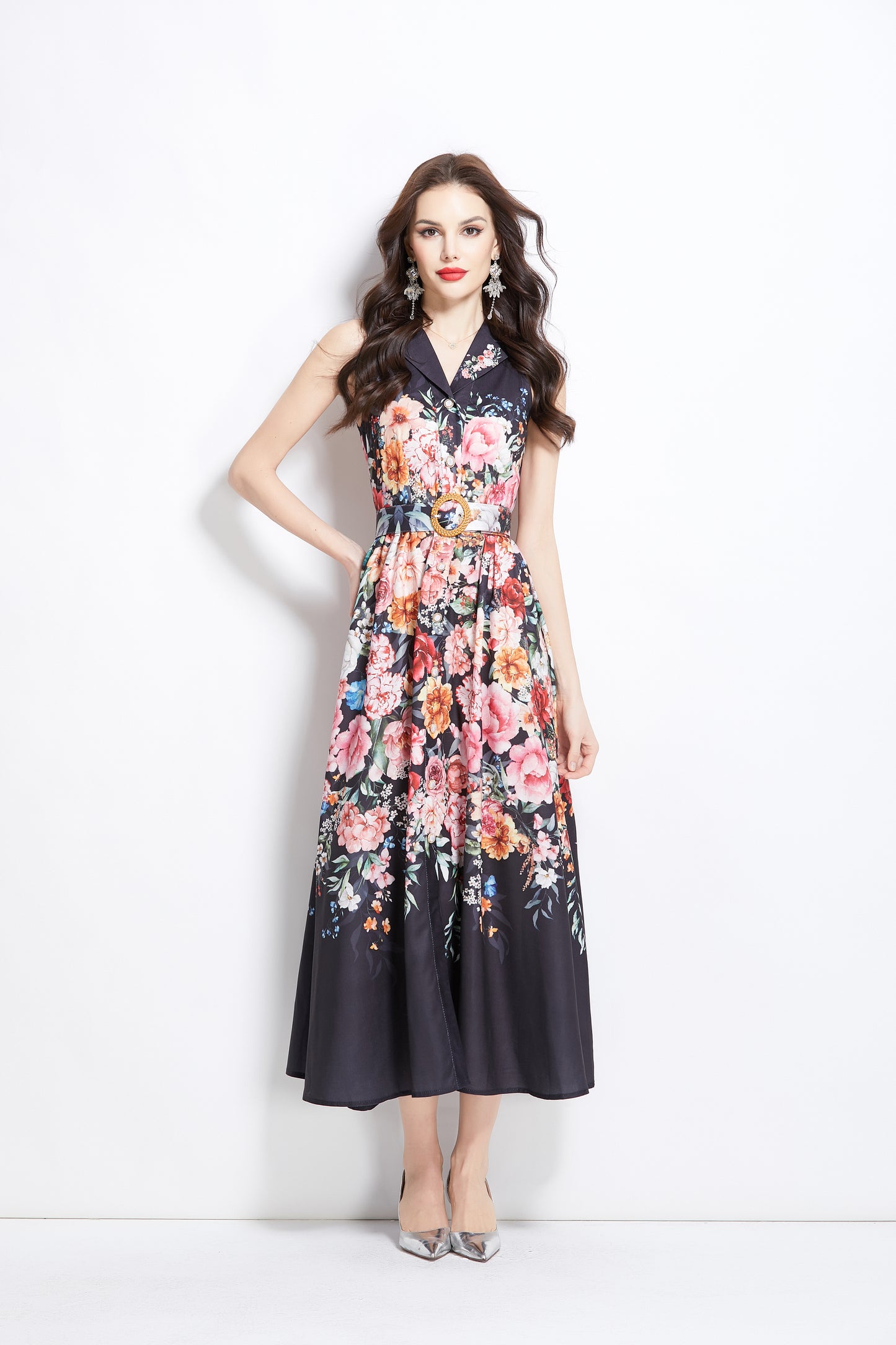 Women's Floral Print Sleeveless V Neck Maxi Dress
