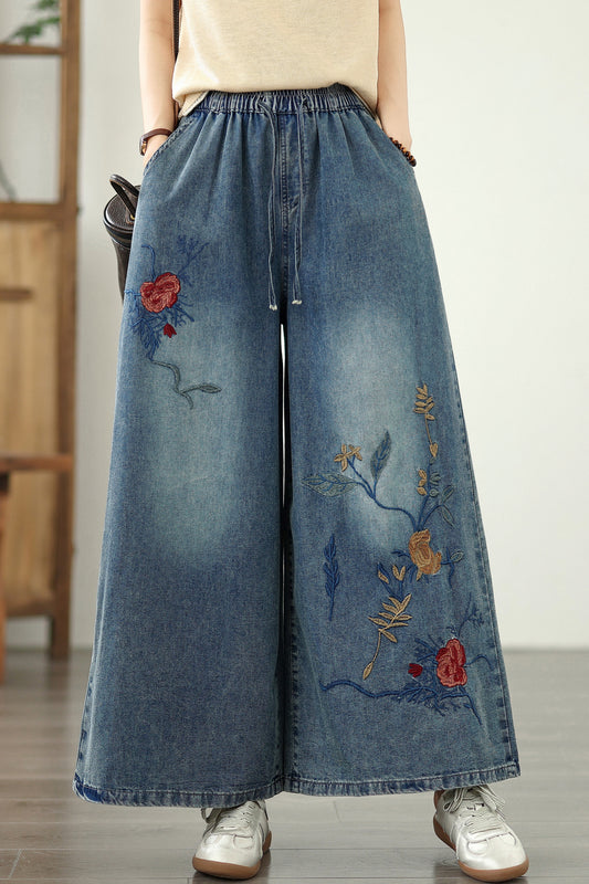 Women's Embroidery Wide Leg Denim Pants