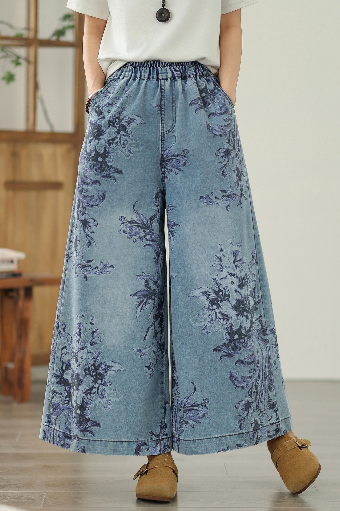 Women's Elastic Waist Wide Leg Denim Pants