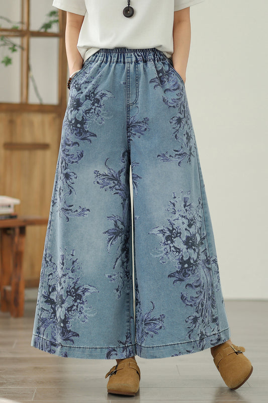 Women's Elastic Waist Wide Leg Denim Pants