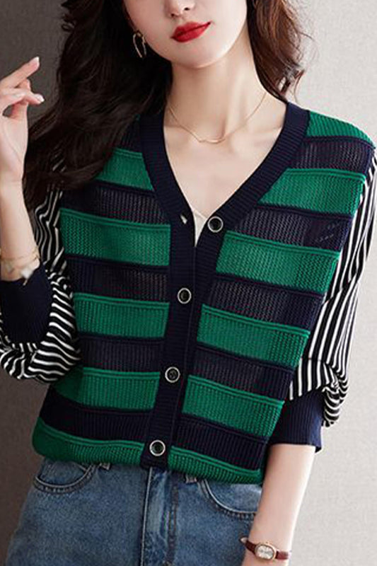 BK-Striped Cardigan Button Fashion Casual Tops - LAI MENG FIVE CATS