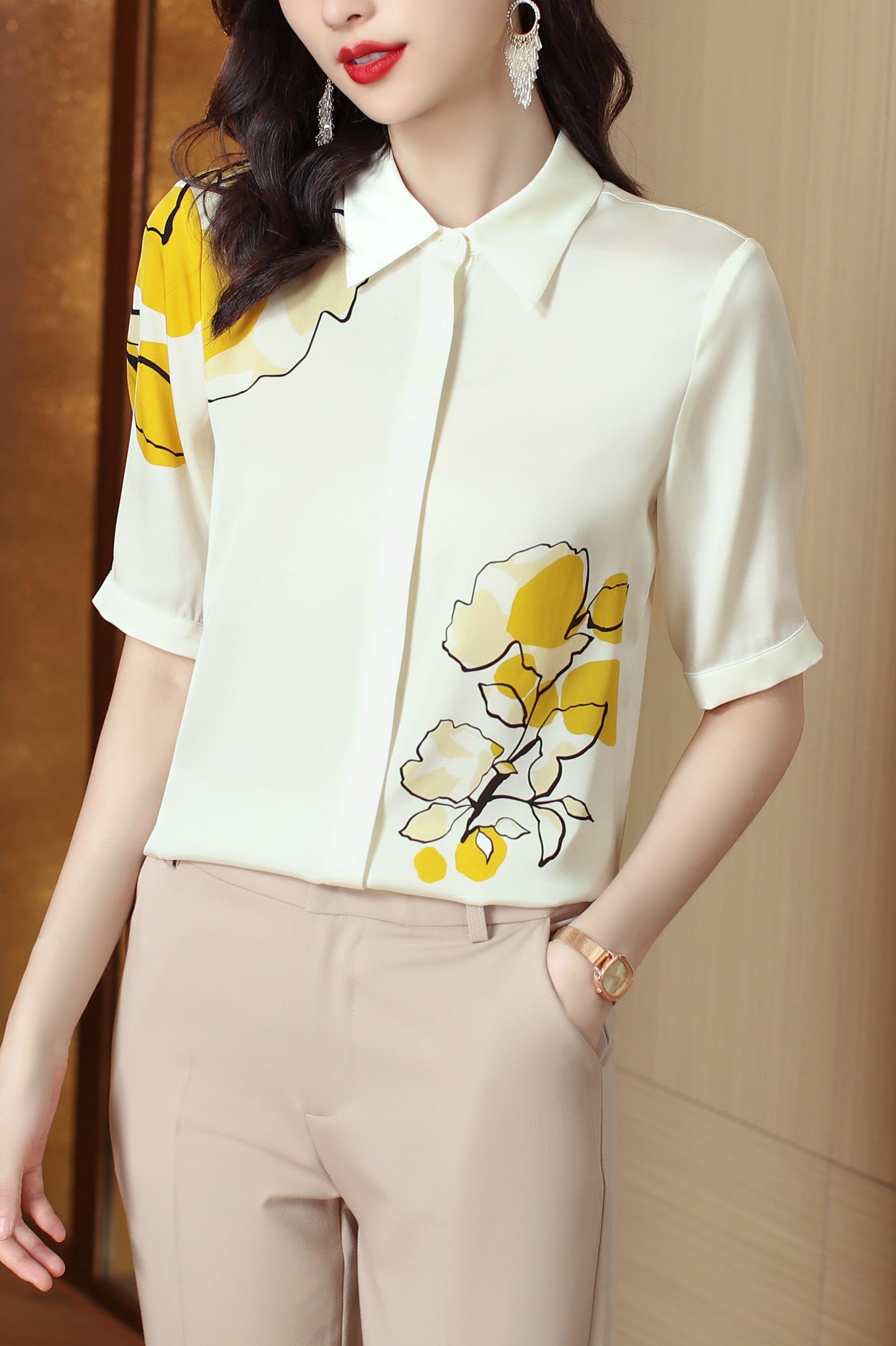 Women's Collared Floral Print Blouse Short Sleeve Tops