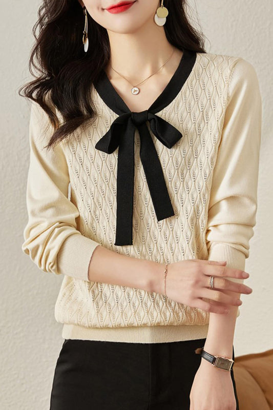 Tie Knit Shirt Lantern Sleeves Pullover Tops - LAI MENG FIVE CATS