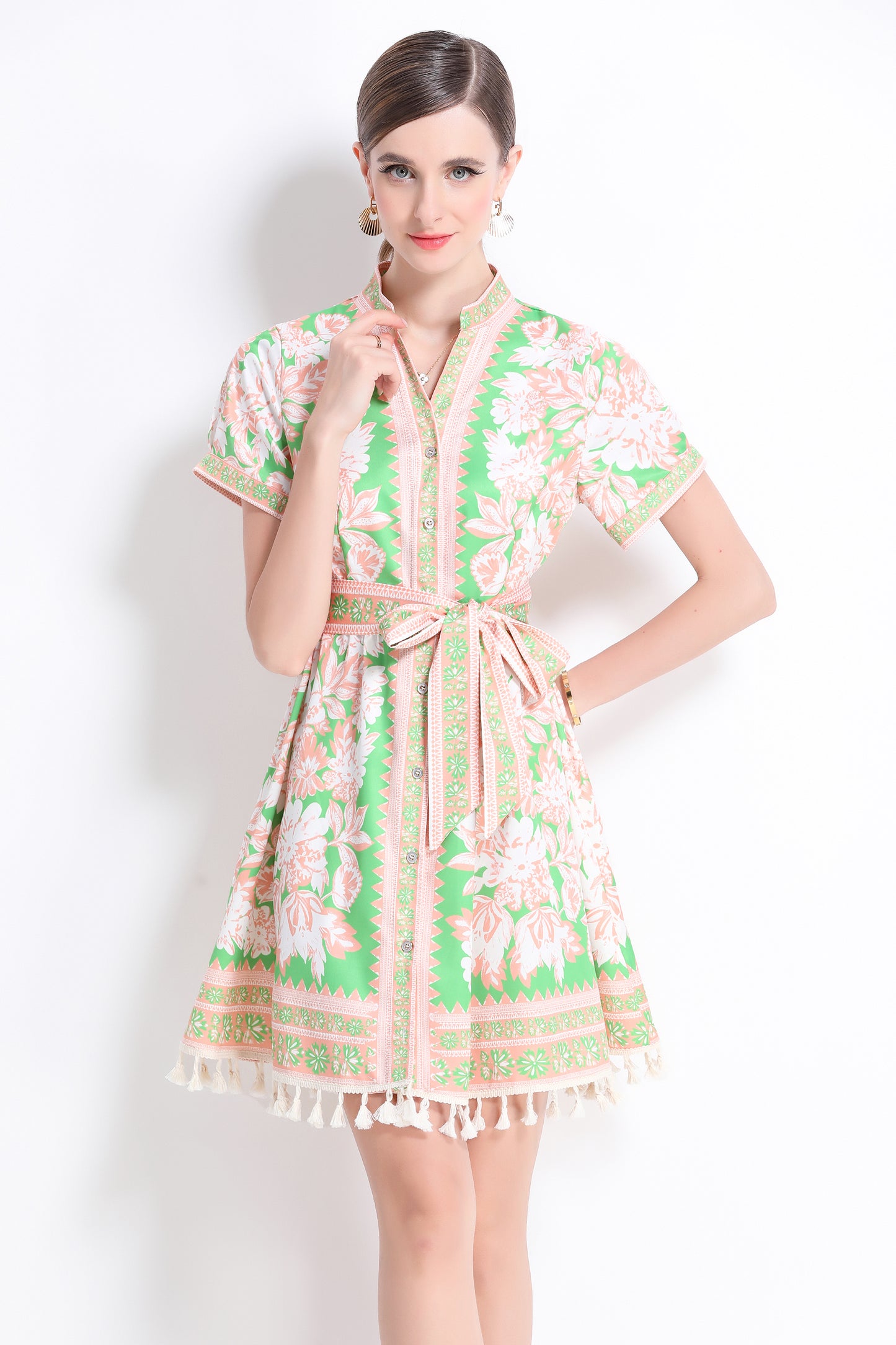 Women's V-Neck Floral Print Split Mini Dress