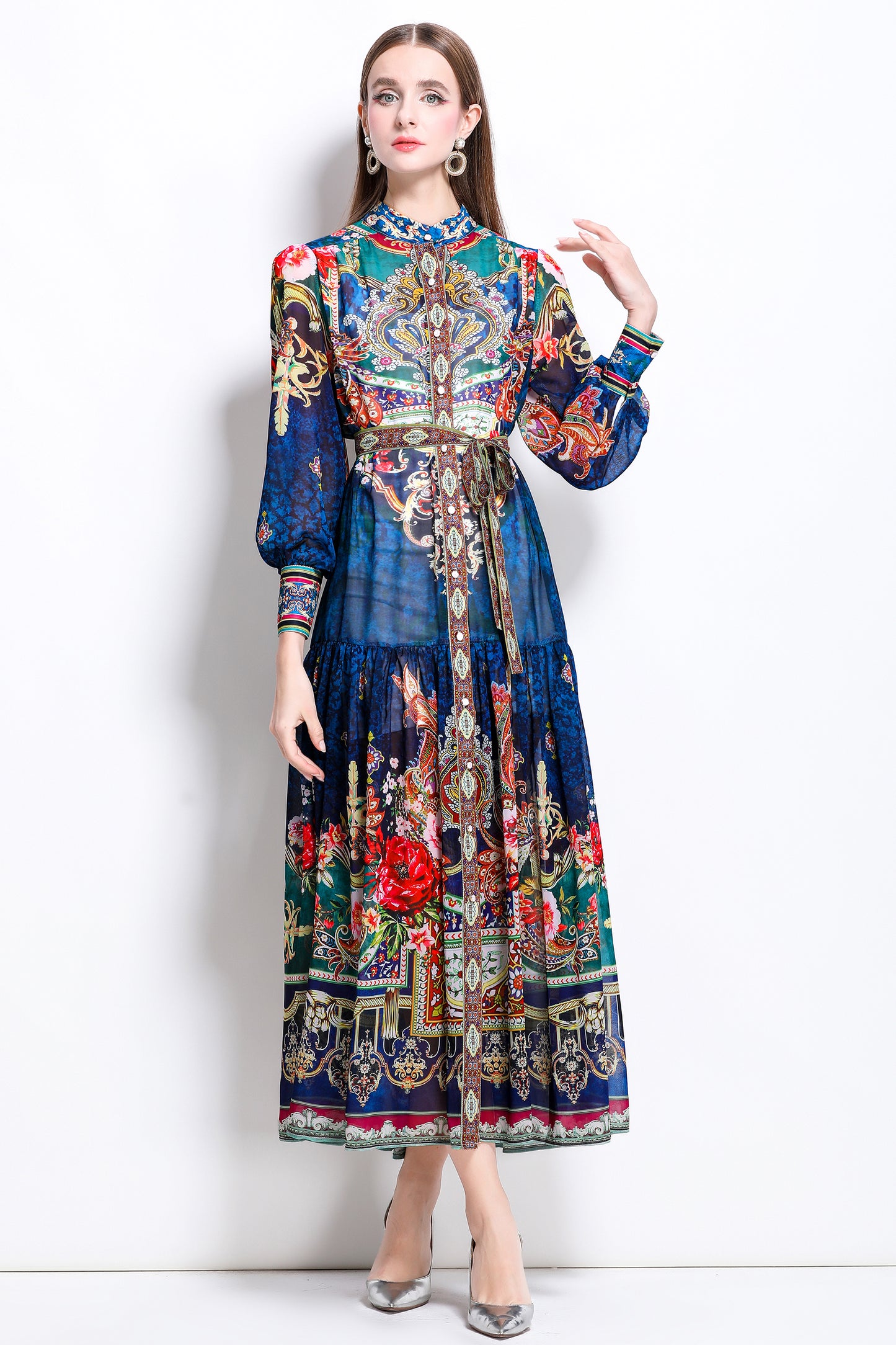Women Floral Print Puff Sleeve Split Sheer Maxi Dress