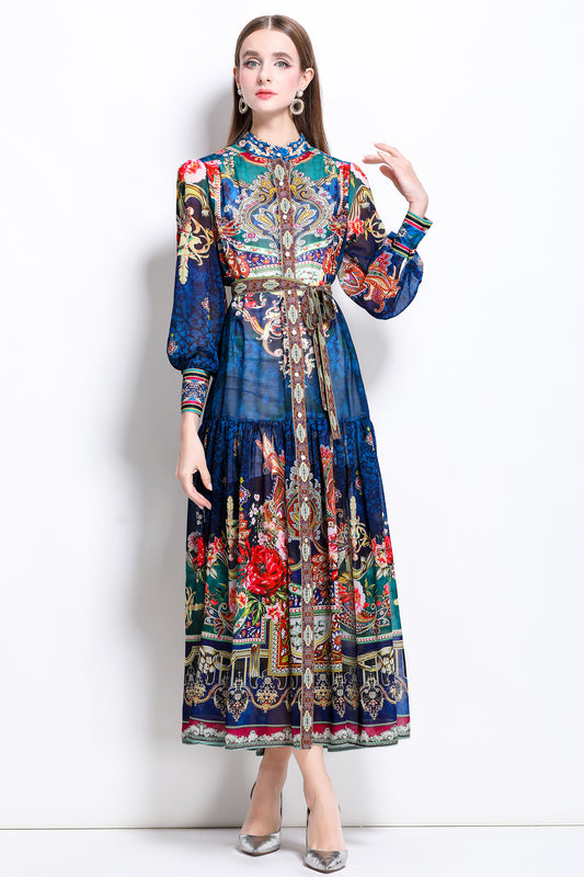Women Floral Print Puff Sleeve Split Sheer Maxi Dress