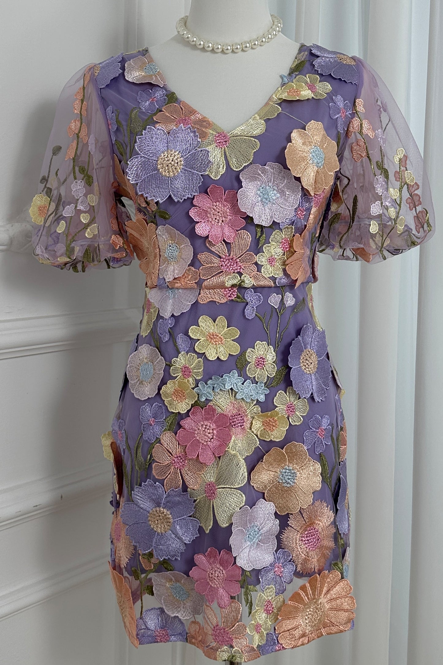 Women's 3D Floral Embroidery Tulle Lace Mesh Mini Dress