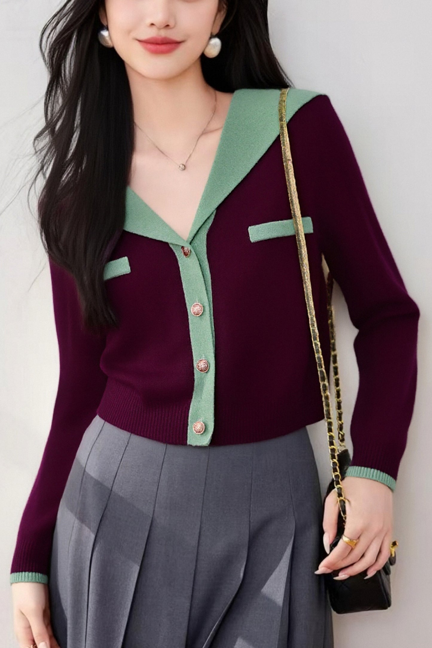 Women's Sailor Collar Long Sleeve Stripe Cardigan Sweater