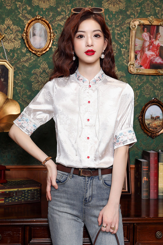Women's Silk Satin Embroidery Jacquard Blouse Tops