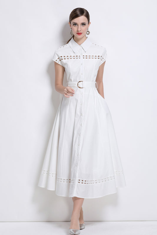 Women's Collar Hollow Cap Sleeve Midi Dress