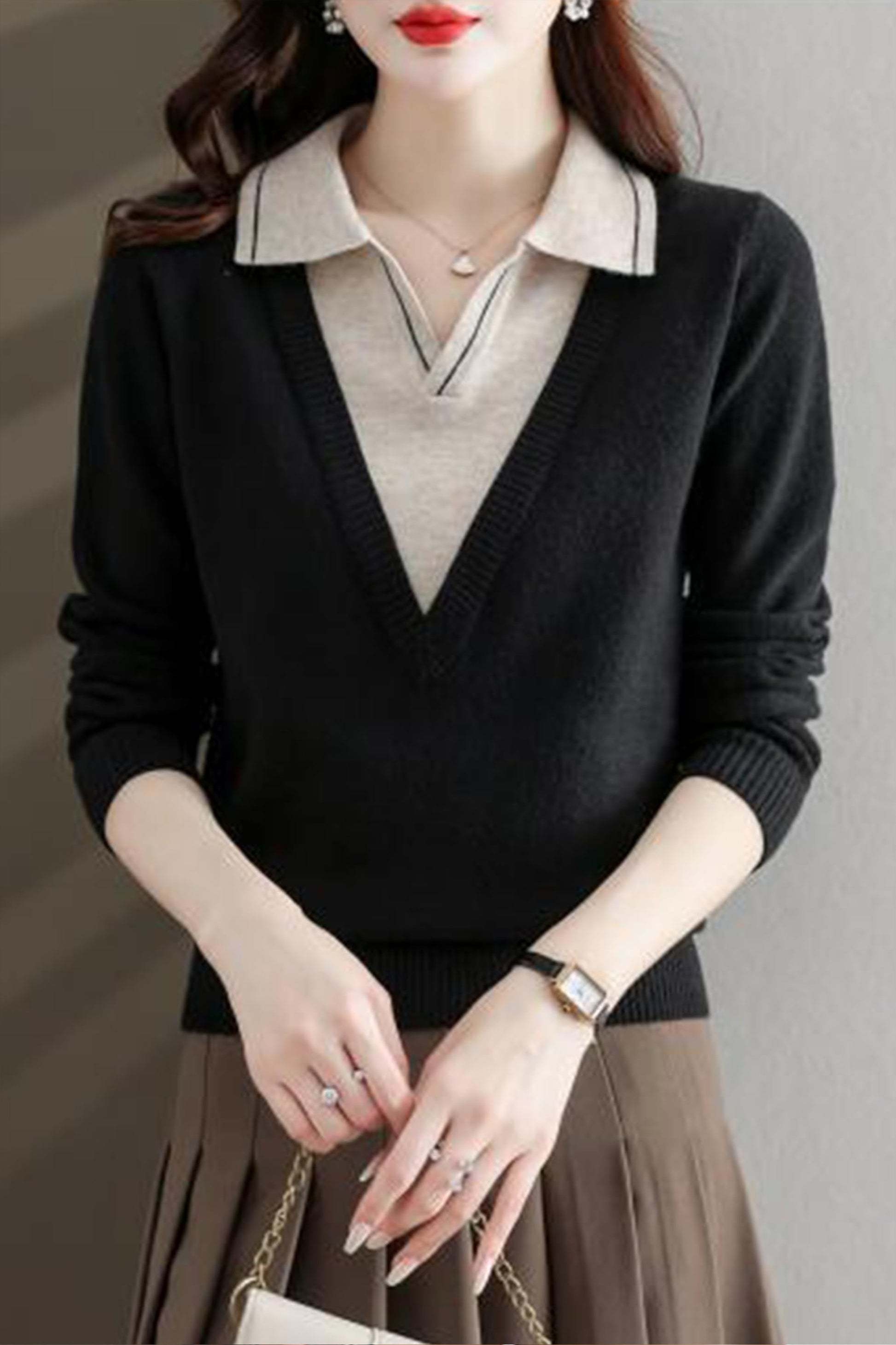 Collar Shirt V-Neck Patchwork Blouse Top - LAI MENG FIVE CATS