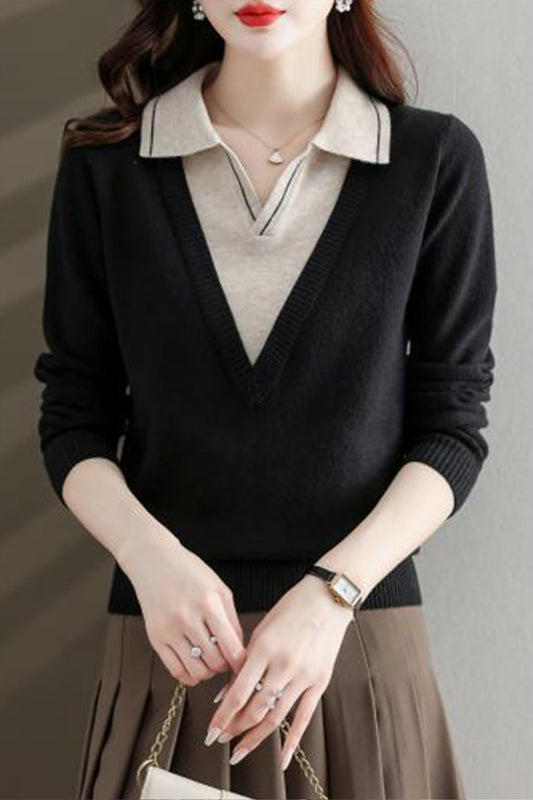Collar Shirt V-Neck Patchwork Blouse Top - LAI MENG FIVE CATS