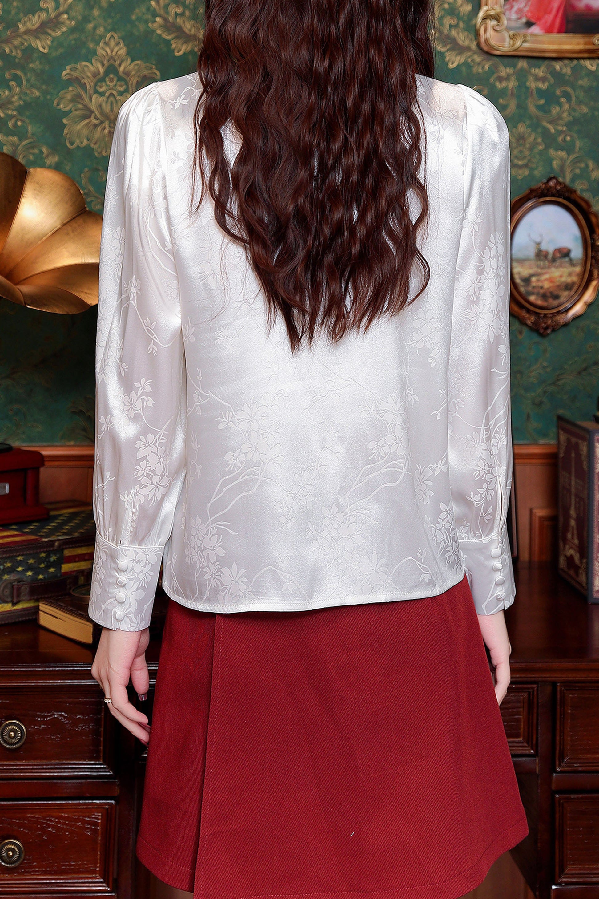 Women's Vintage chinese Silk Satin Top Embroidery Jacquard Blouses - LAI MENG FIVE CATS