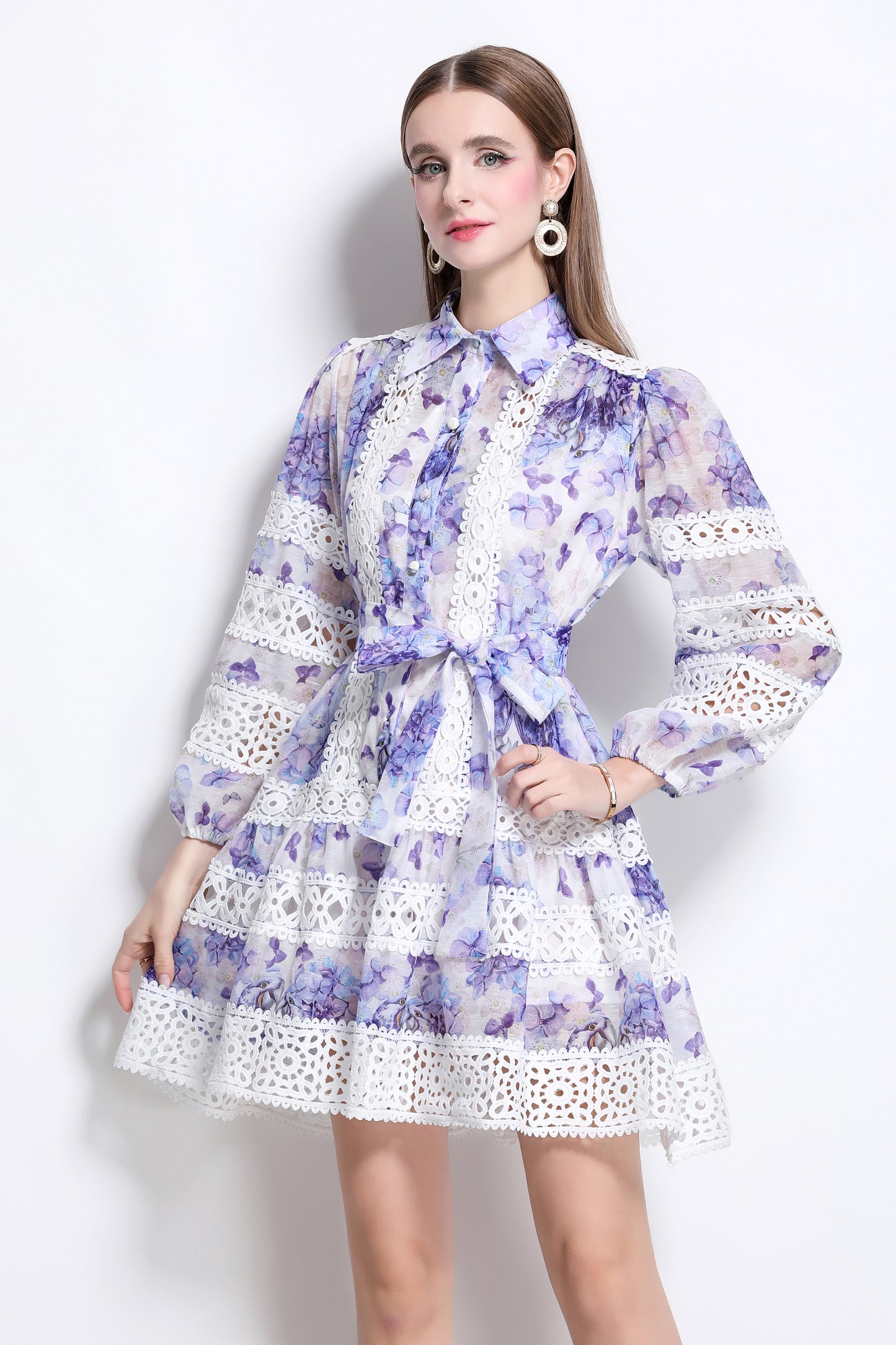Women's Puff Sleeves Lace Print Hollow Mini Dress
