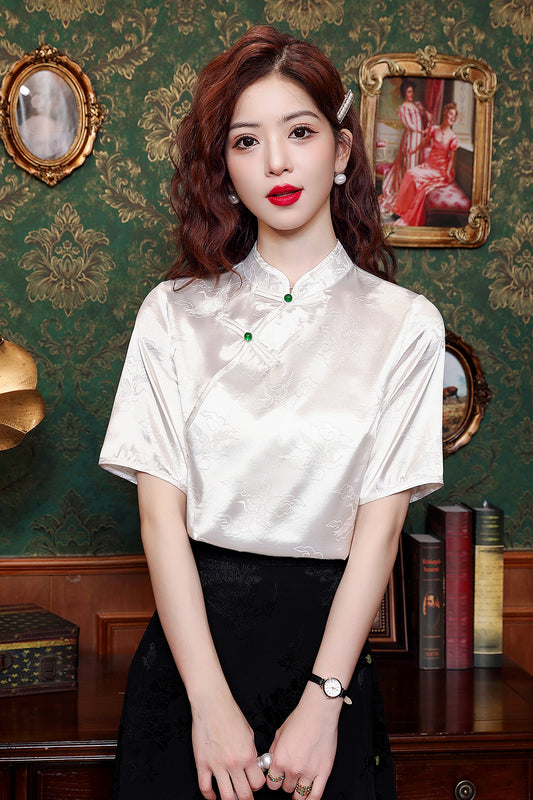 Women's Silk Satin Tops Button Jacquard Blouse