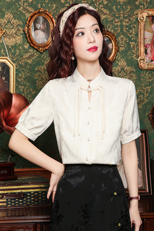 Women's Silk Satin Embroidery Jacquard Blouse Tops