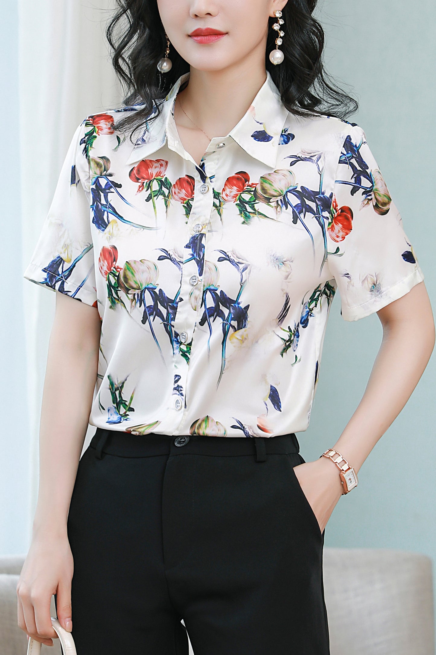 Women's Stain Floral Print Blouse Short Sleeve Tops