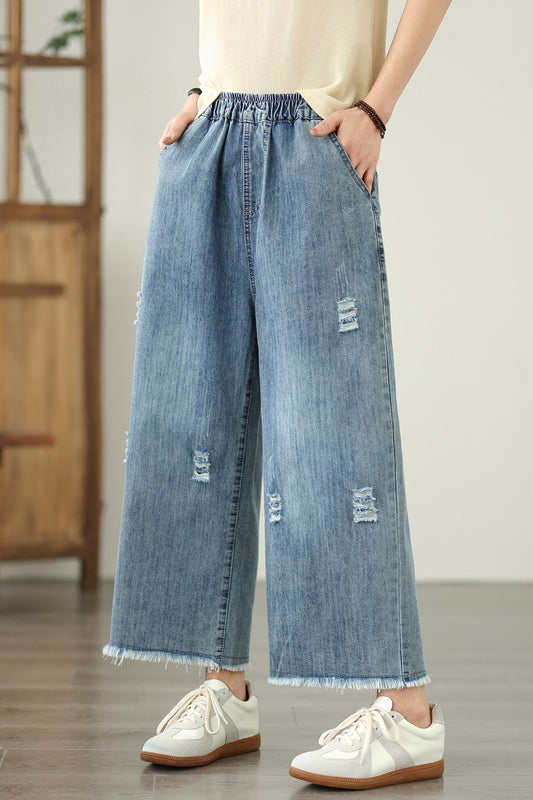 Women's Embroidery Wide Leg Denim Fringe Jeans