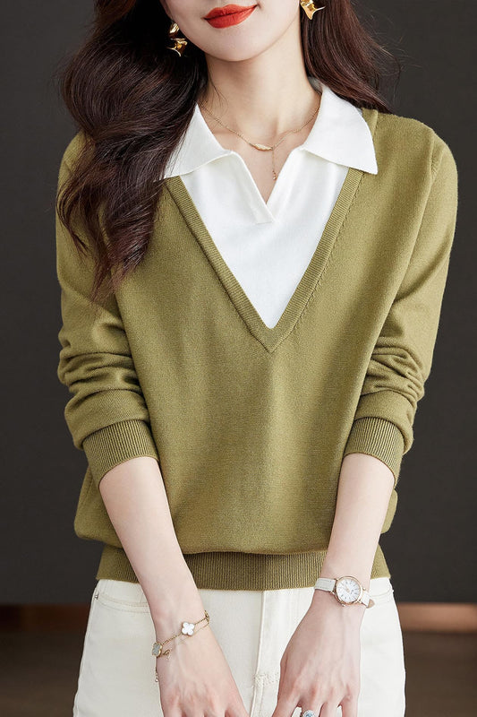 Collared Knit 2 in 1  Blouse Top - LAI MENG FIVE CATS