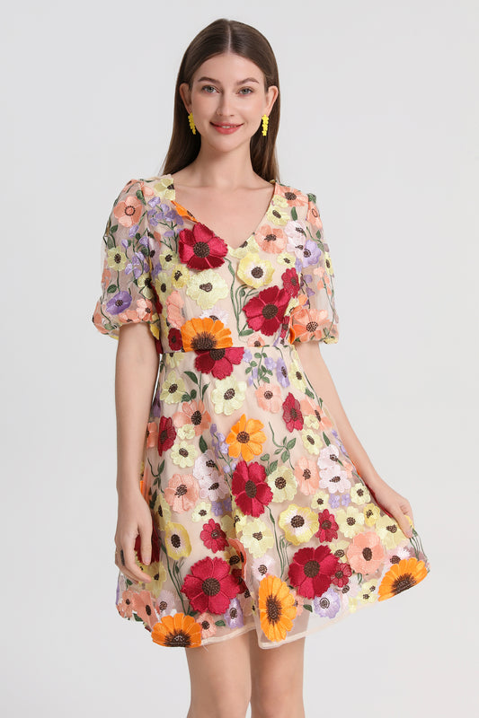 Women's 3D Floral Tulle V-Neck Lace Mesh Mini Dress