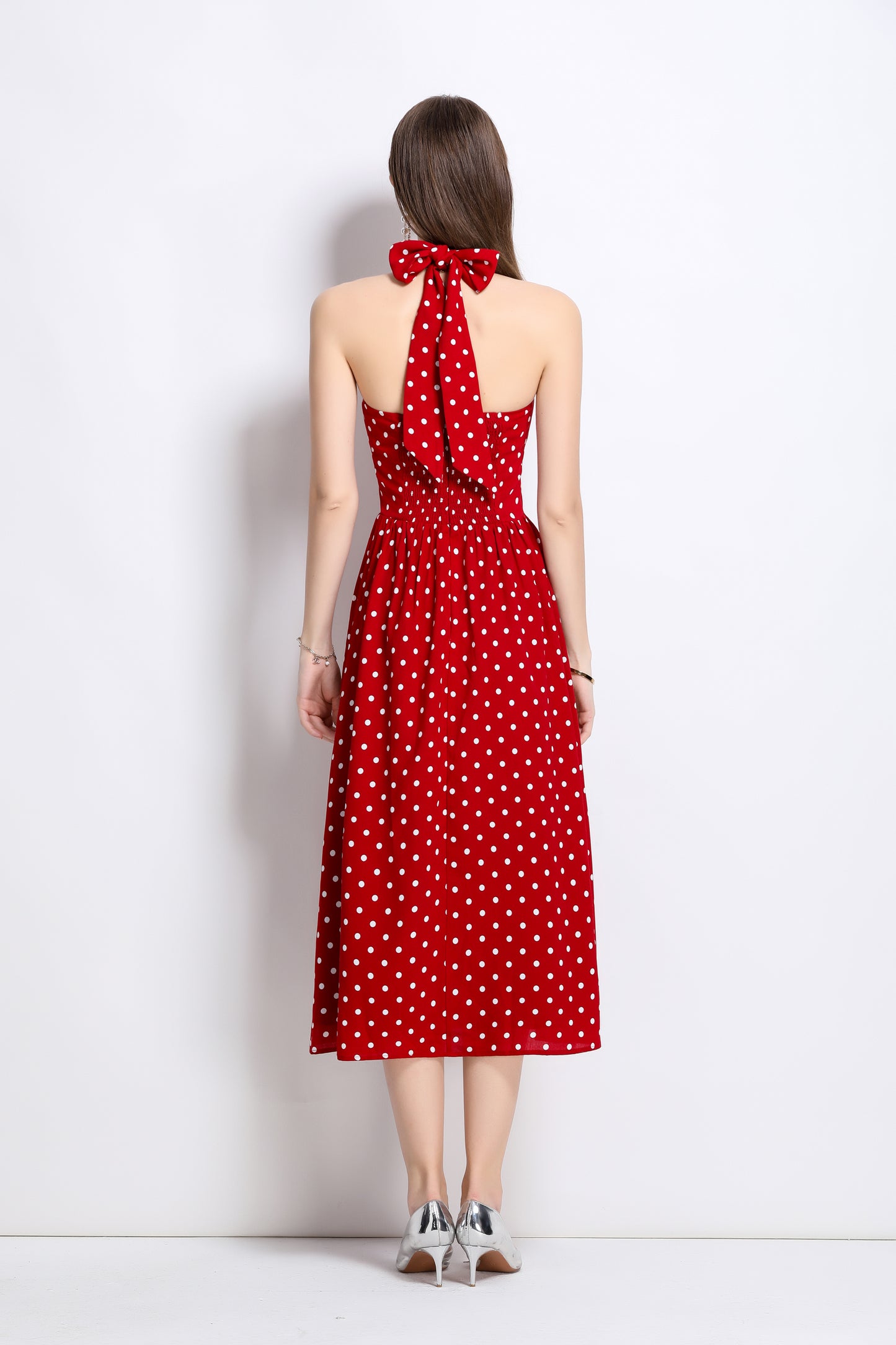 Women's Polka Dot Halter V Neck Backless Midi Dress