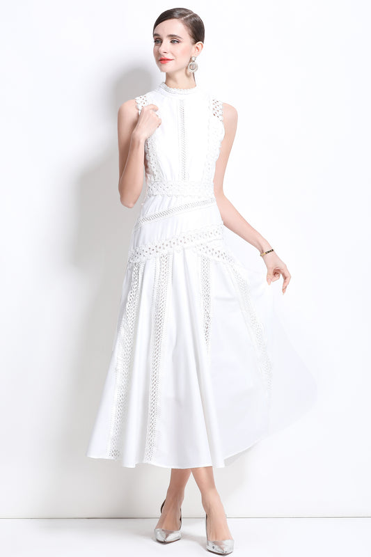 Women's Hollow Lace Mock Neck Sleeveless Maxi Dress