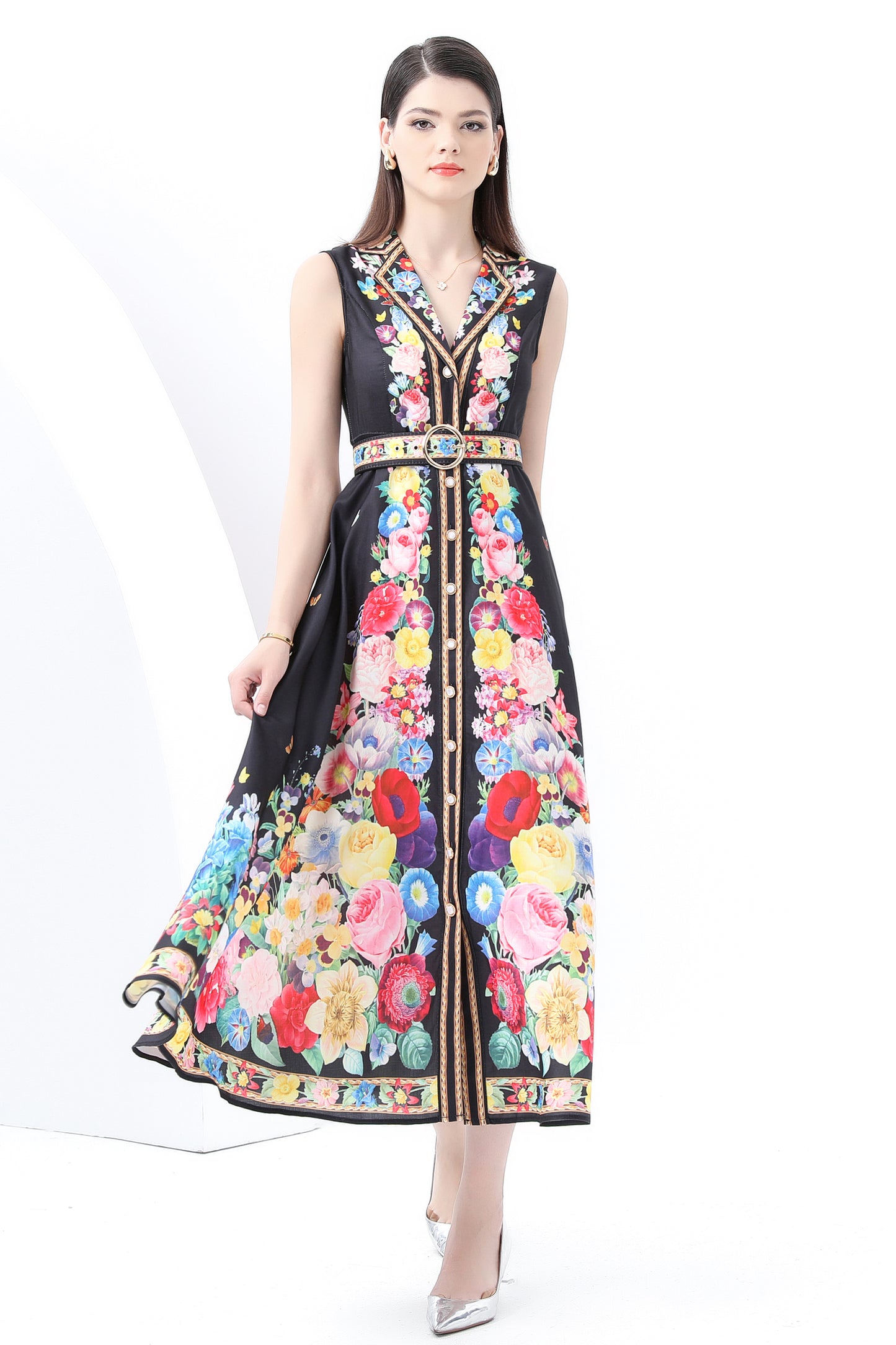 Women's Floral Print Sleeveless V Neck Maxi Dress