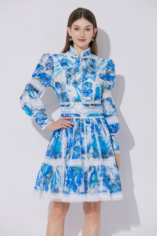 Women's Puff Sleeves Hollow Mesh Mini Dress