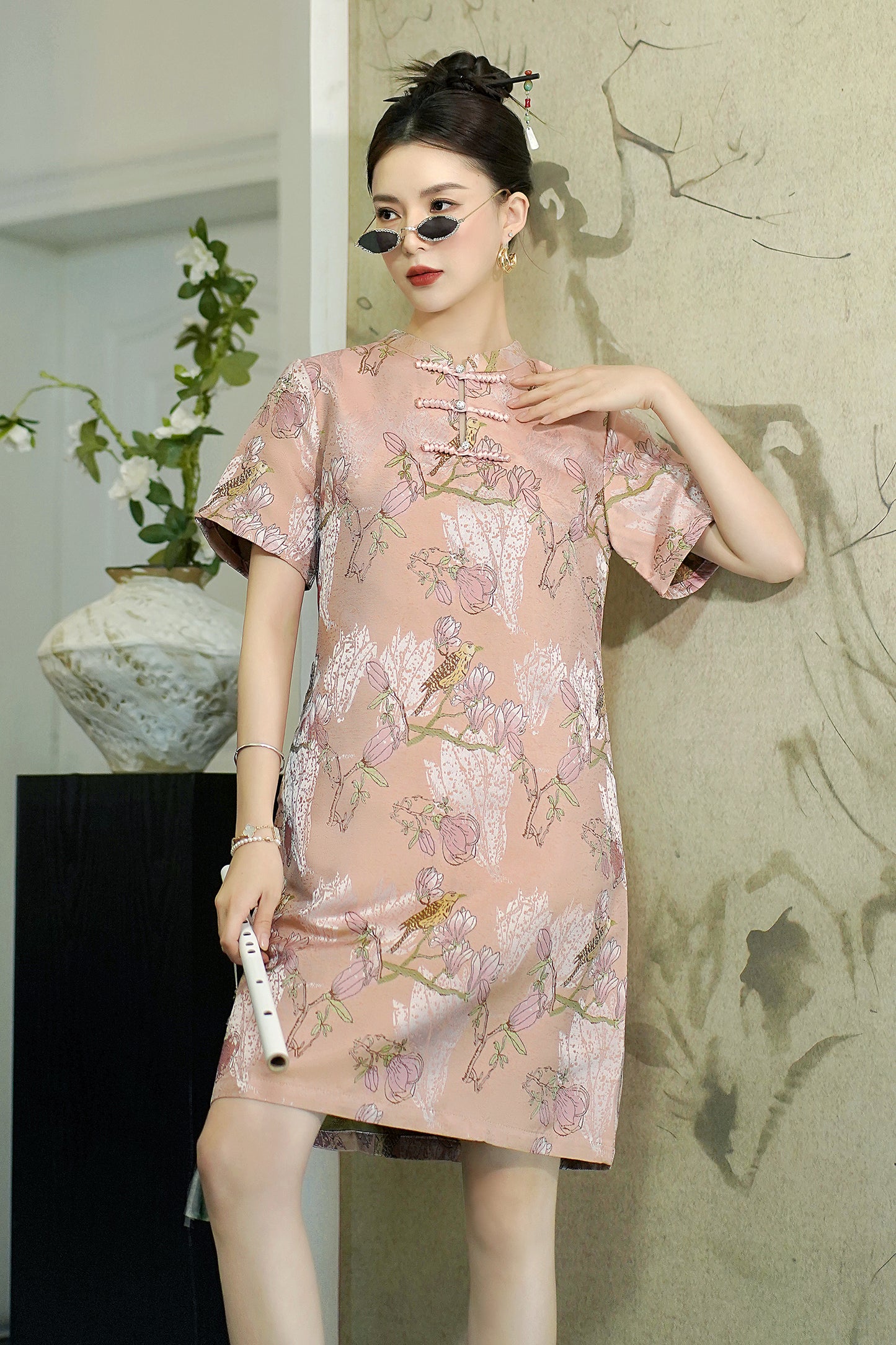 Women's Chinese Cheongsam Print Side Slit Mini Dress