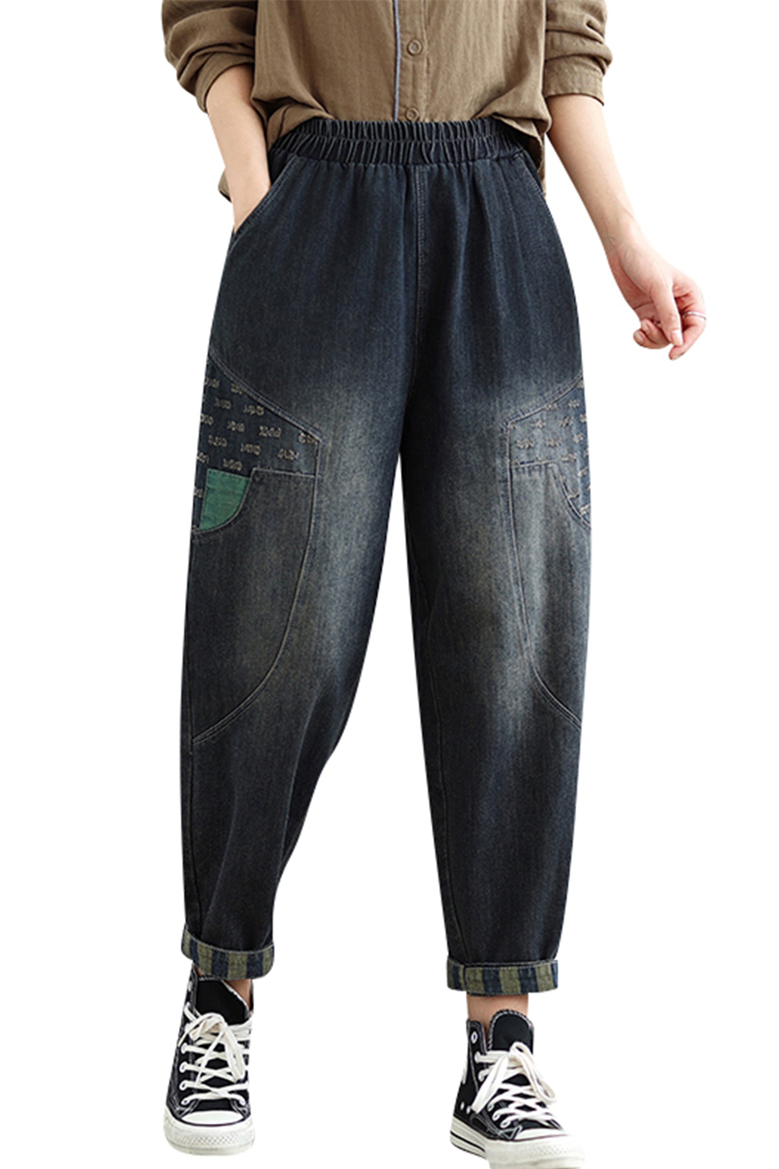 Women's Baggy Jeans Pattern Elastic Waist Casual Harem Pants With Pockets - LAI MENG FIVE CATS