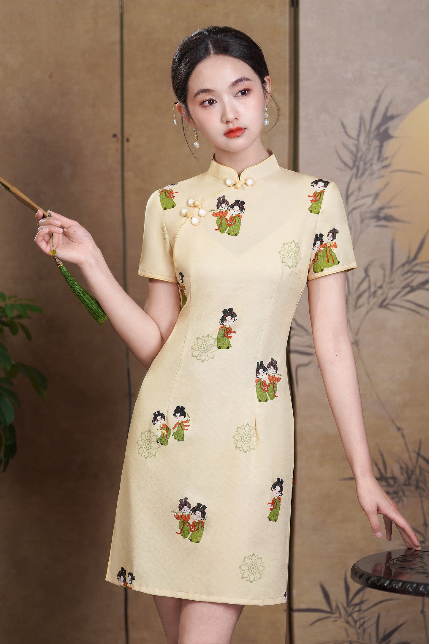 Women's Cheongsam Print Short Sleeve Mini Dress