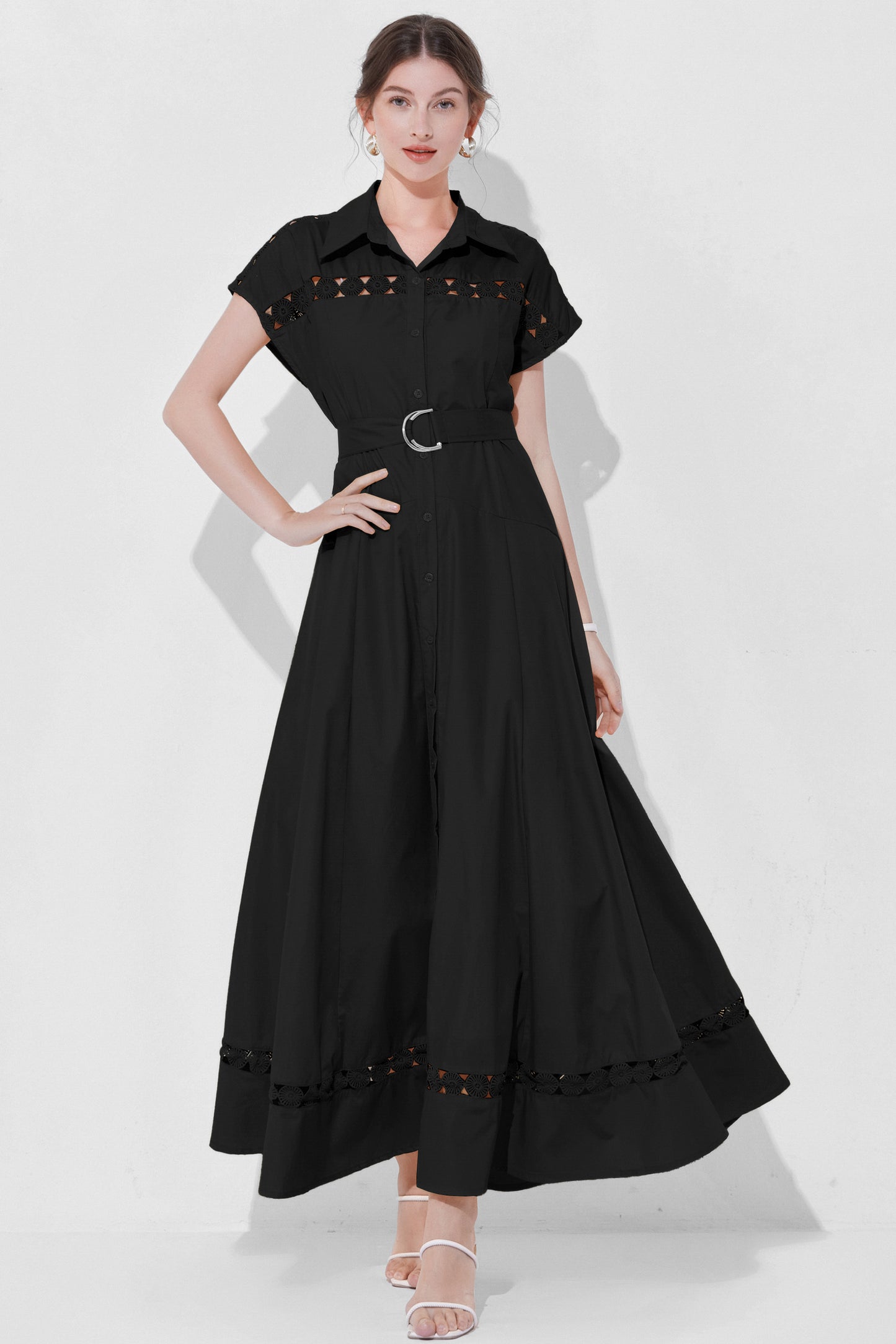 Women's Collar Hollow Cap Sleeve Maxi Dress
