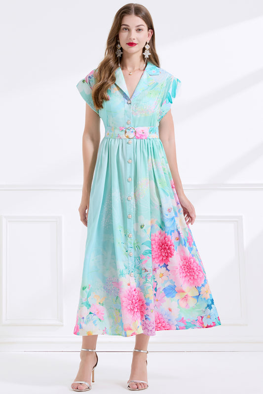 Women's Lapel V-Neck Floral Print Maxi Dress