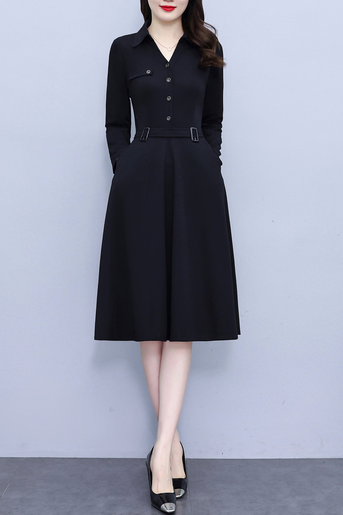 Women's V-Neck with Pockets Long Sleeve Black Dress