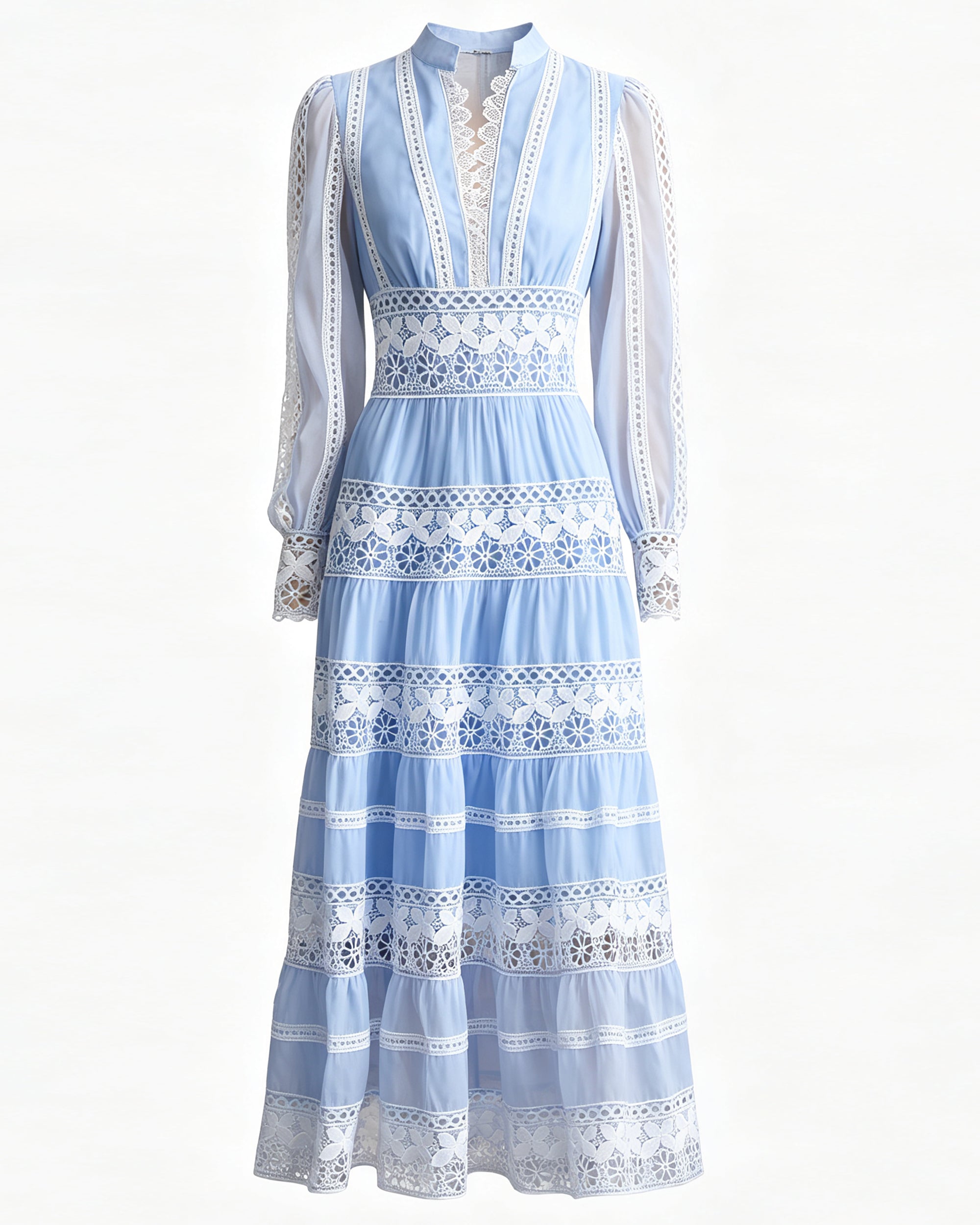 Women's Blue V-Neck Boho Chic Lace Tiered Maxi Dress – LAI MENG FIVE CATS
