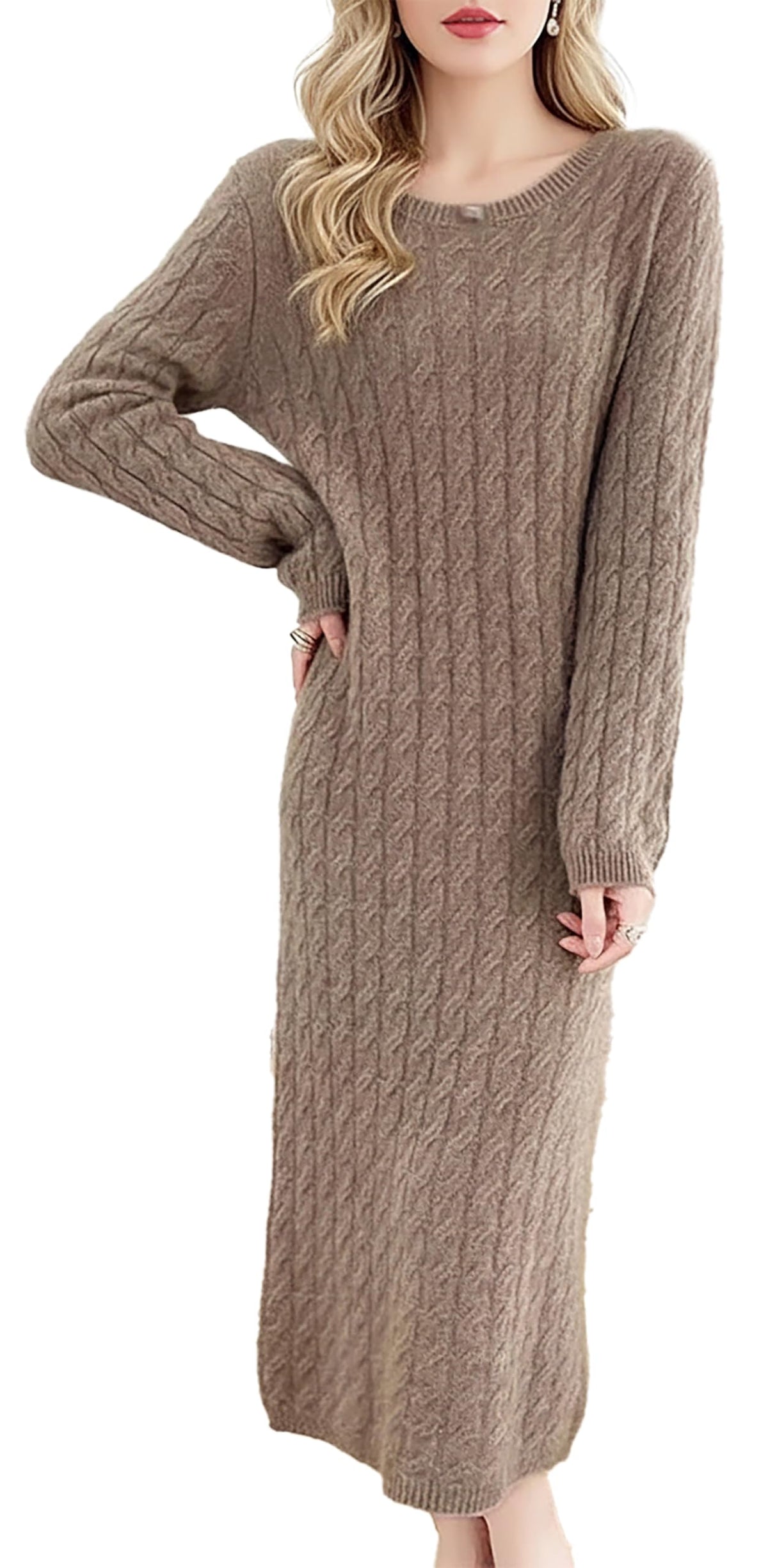 Elegant Cable Knit Midi Dress — Round Neck & Long Sleeve