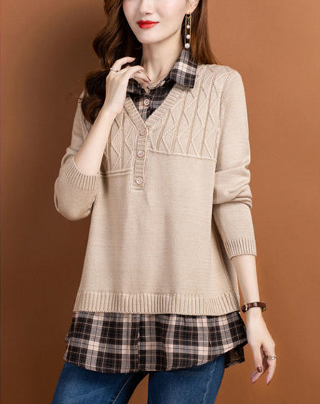 Women's V Neck Plaid Layered Look Knit Pullover Tops