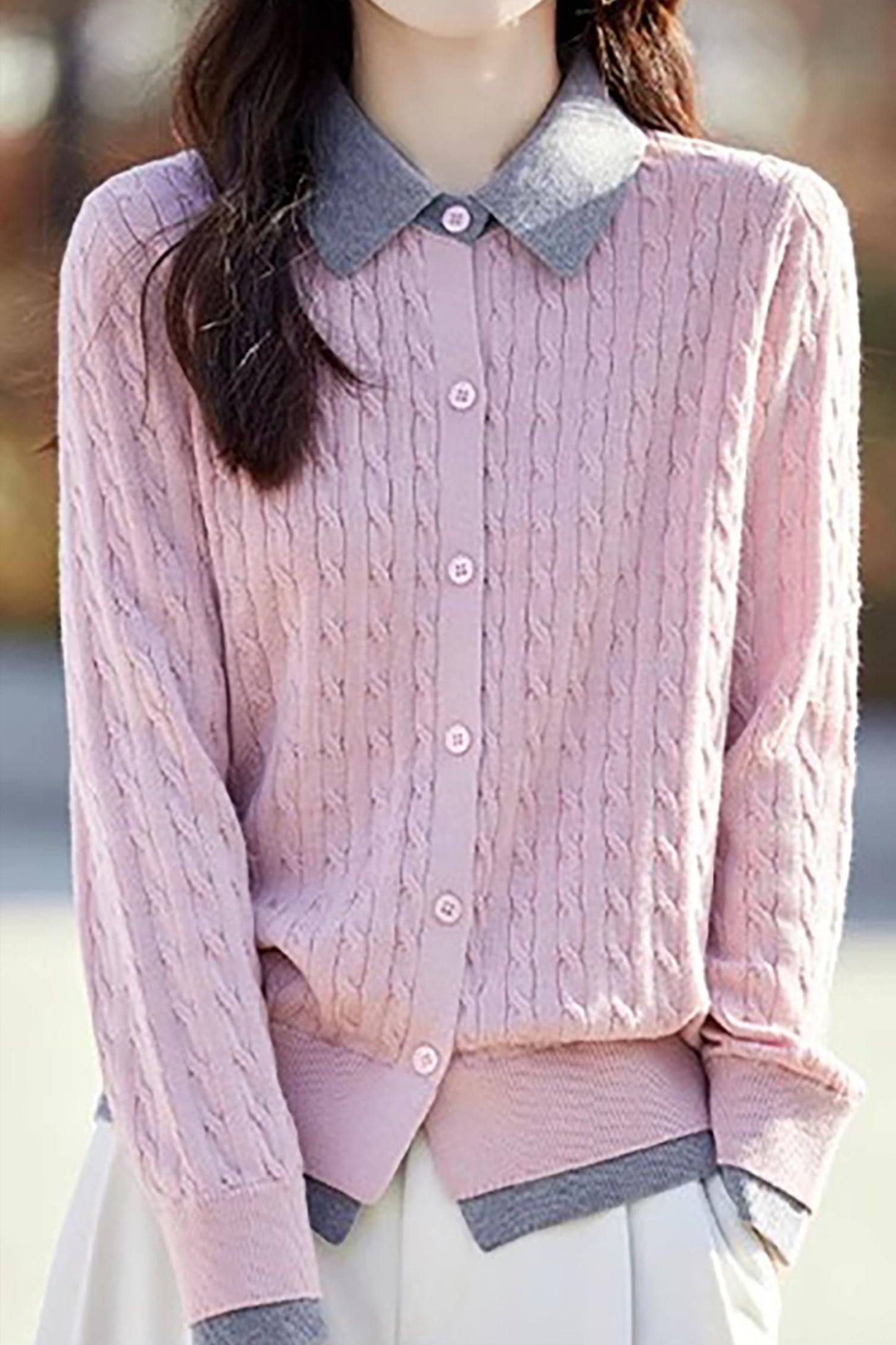 Knit Button Patchwork Pullover Fall Outfits - LAI MENG FIVE CATS