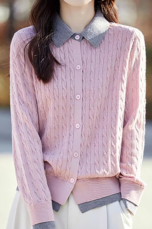 Knit Button Patchwork Pullover Fall Outfits - LAI MENG FIVE CATS