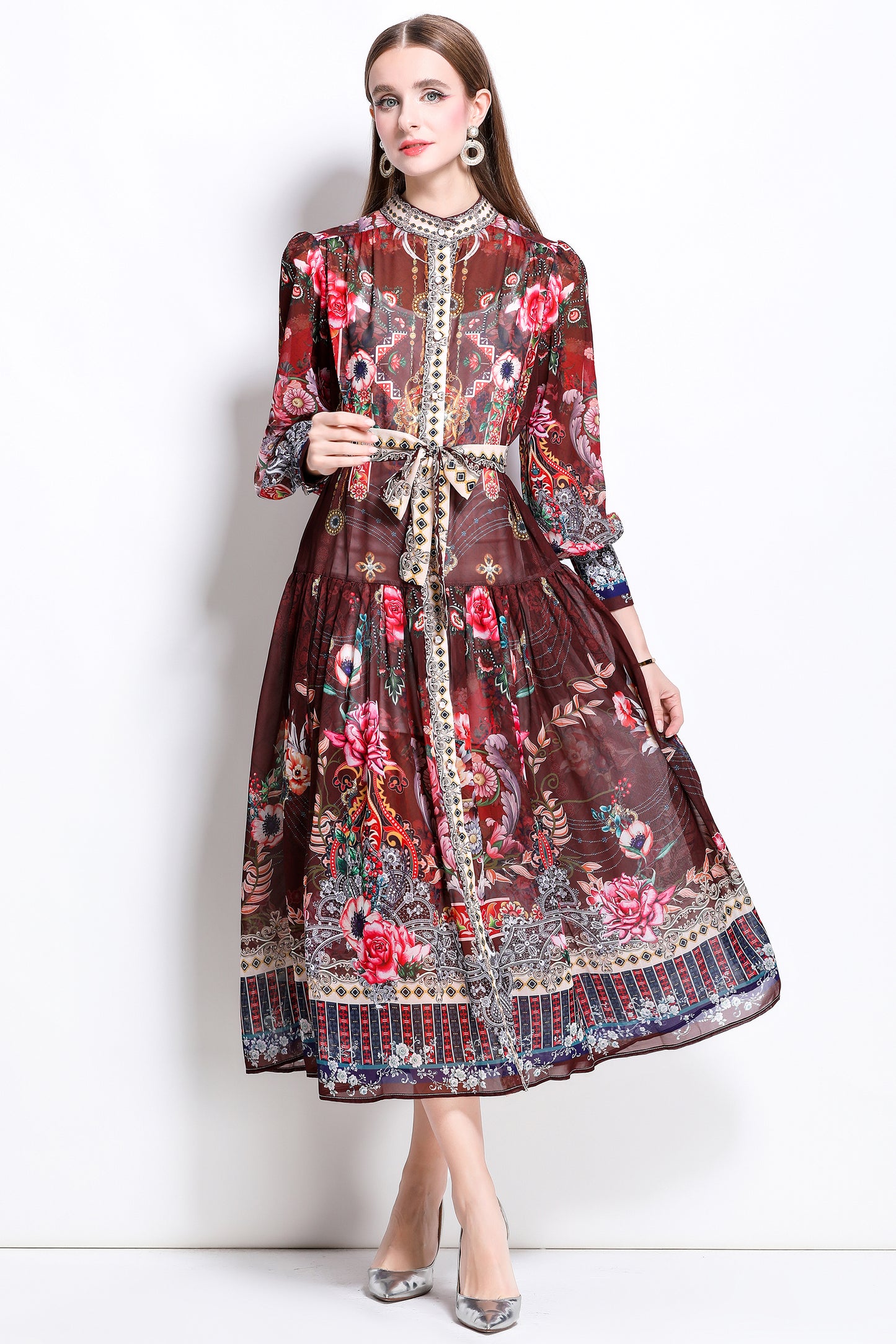 Women Floral Print Puff Sleeve Split Sheer Maxi Dress