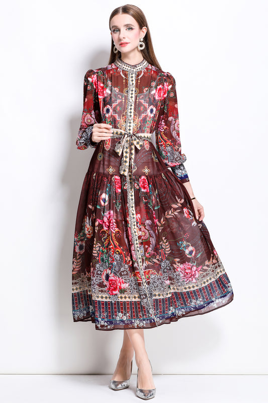 Women Floral Print Puff Sleeve Split Sheer Maxi Dress