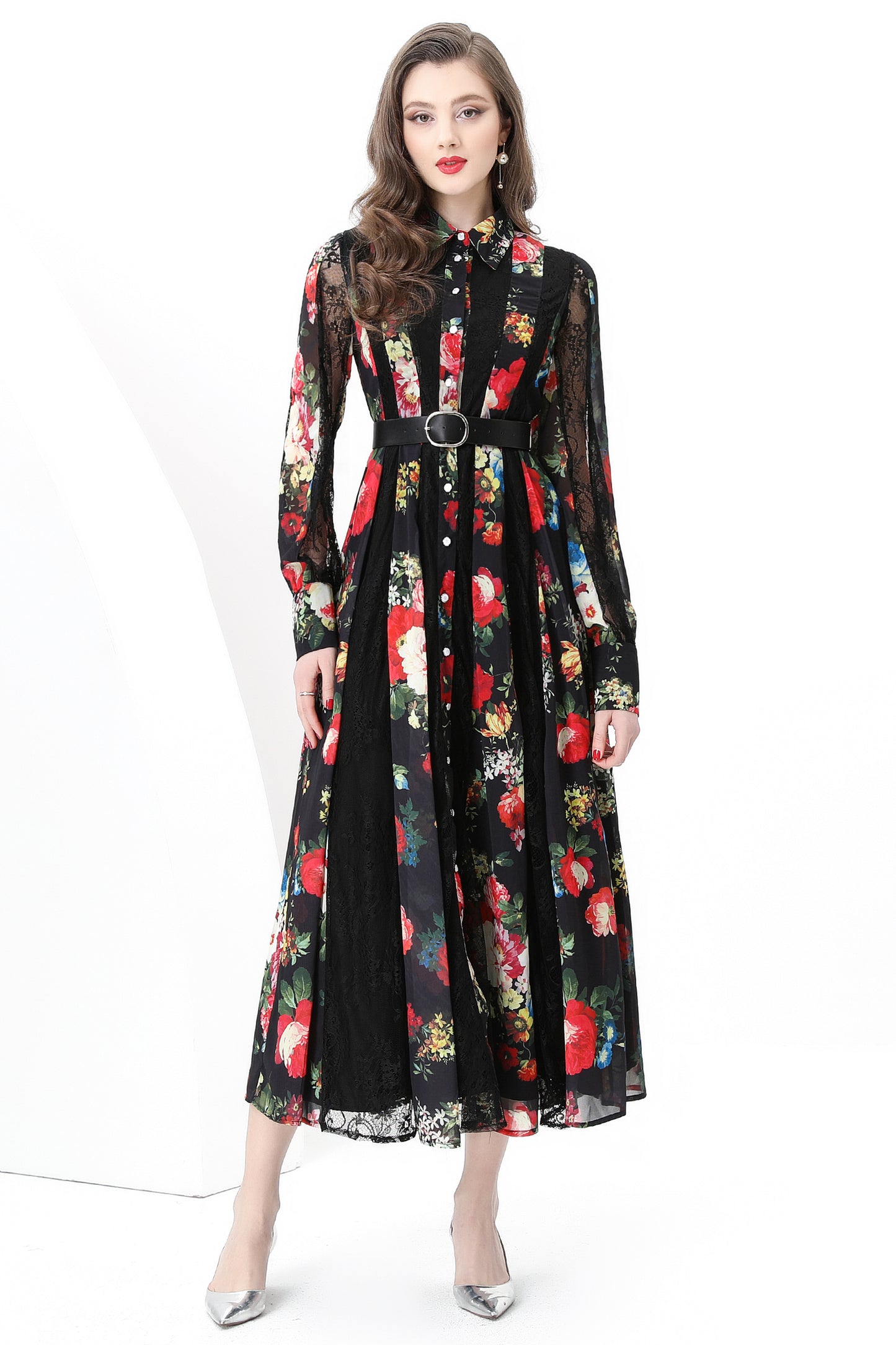 Women's Floral Print Lace Puff Sleeve Maxi Dresses