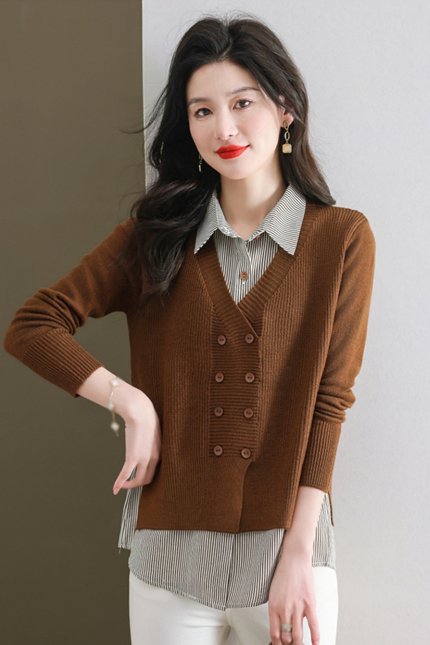 Women's Casual Patchwork Shirt Collar Long Sleeve Cotton Pullover Tops - LAI MENG FIVE CATS